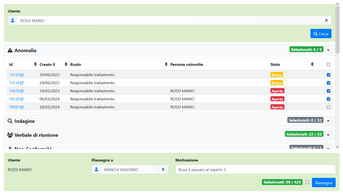 Pagina di riassegnamento responsabile pratiche