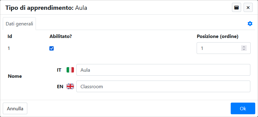 Pagina di configurazione - Finestra di dettaglio